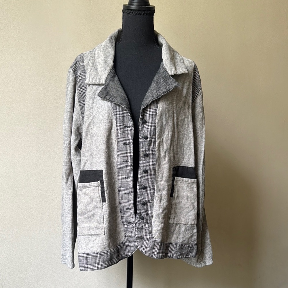 Cynthia Ashby Grey Patchwork Plaid Linen Relaxed Fit Jacket Boho Lagenlook